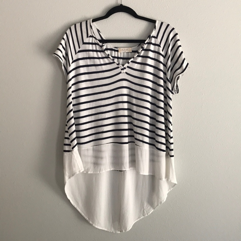 Navy and white striped v-neck shirt